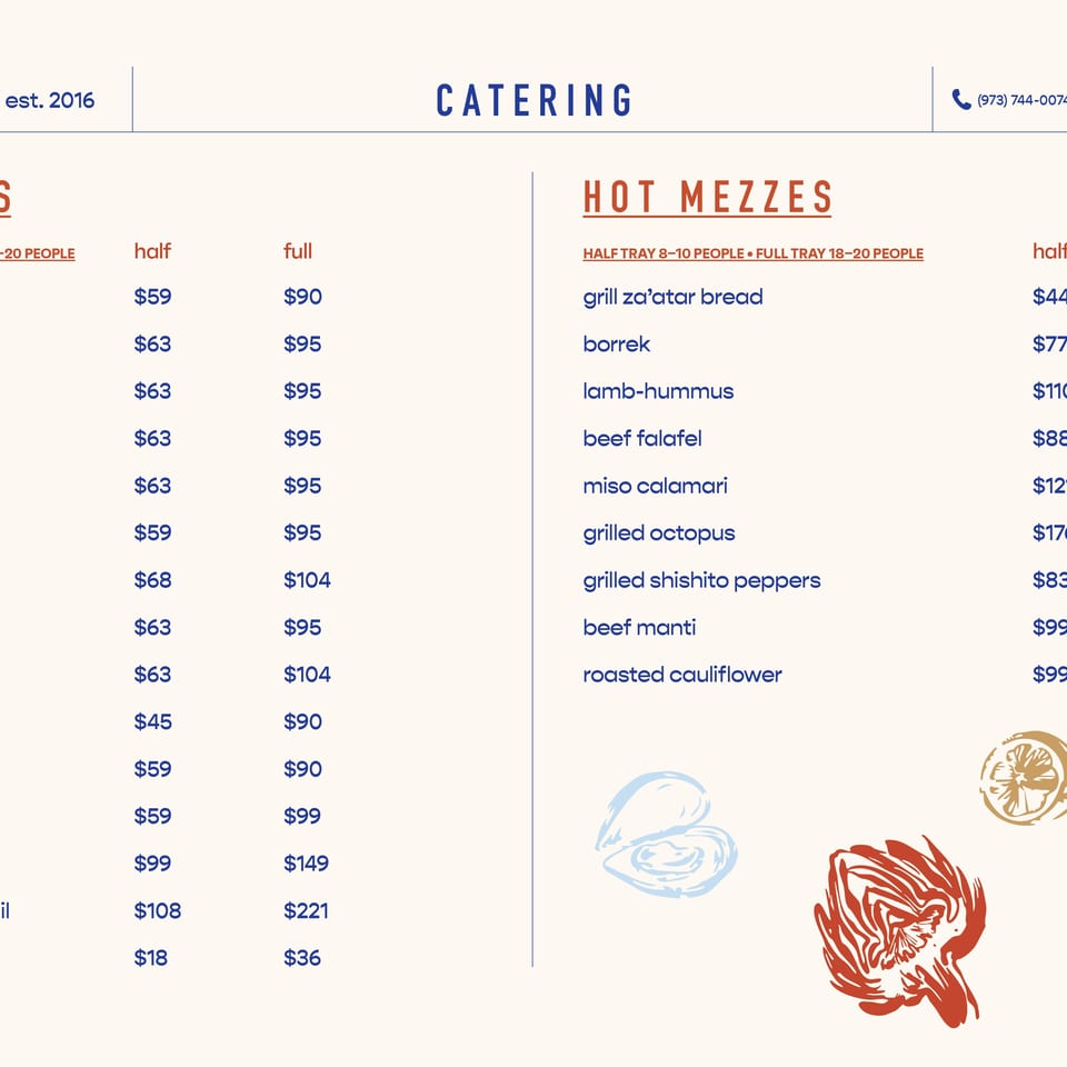 Zeugma Grill catering menu listing cold and hot mezzes with half- and full-tray prices and decorative seafood illustrations.