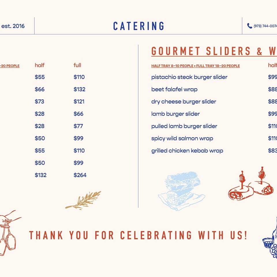 Zeugma Grill catering menu featuring sides, gourmet sliders, wraps, prices, and decorative food illustrations.