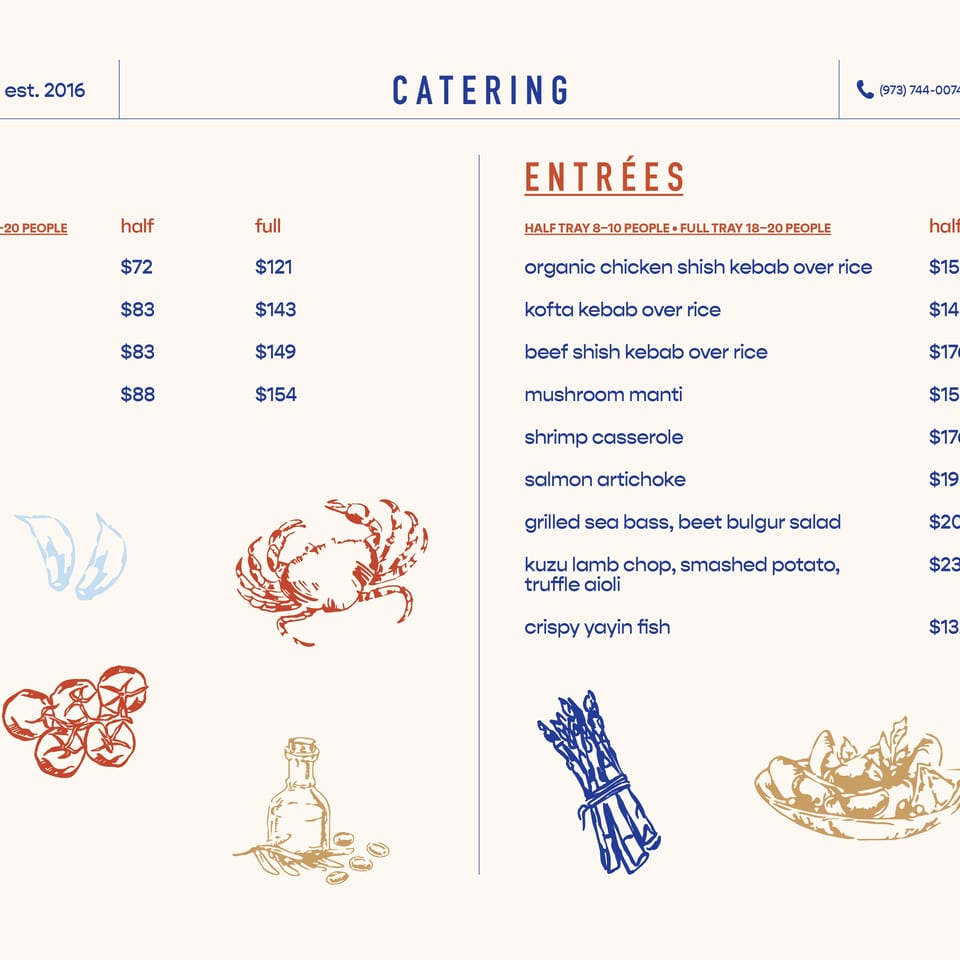 Zeugma Grill catering menu featuring salads, entrées, prices, and decorative illustrations of Mediterranean ingredients.